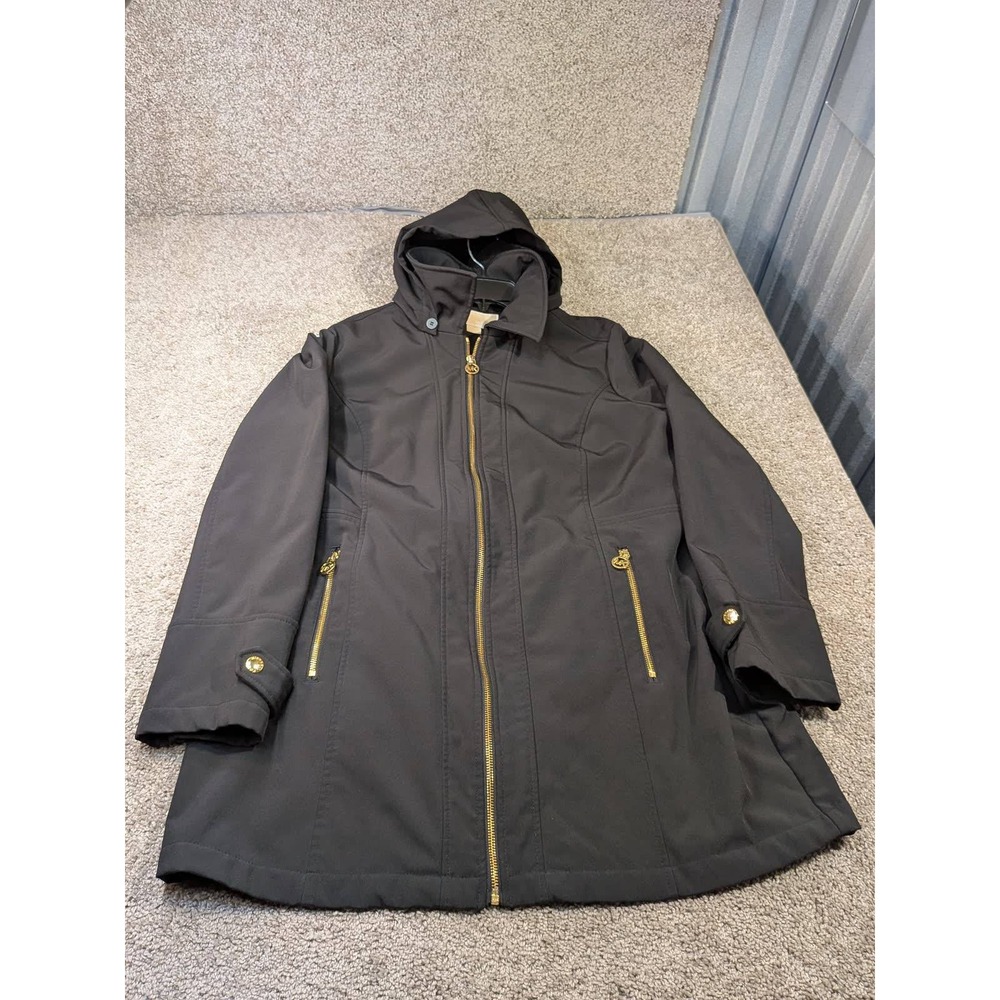 Michael Kors Womens Black Softshell Hooded Jacket Gold Hardware Faux Fur Lining